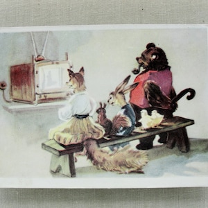 Bear, Hare, Squirrel, Fox and Chickens, Vintage Children Postcard, 1957, Illustrator Asta Vender, Funny Animal Art Print lovers gift
