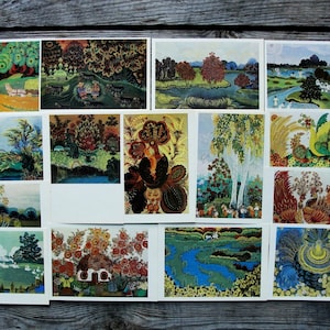 Lot de 15 cartes postales anciennes représentant la peinture de Petrykivka, artiste Marfa Timchenko, 1992, art populaire ornemental ukrainien, style décoratif traditionnel