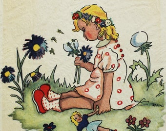 Little Girl on Lawn Card, Vintage German Postcard, 1960s, Flower Art Print