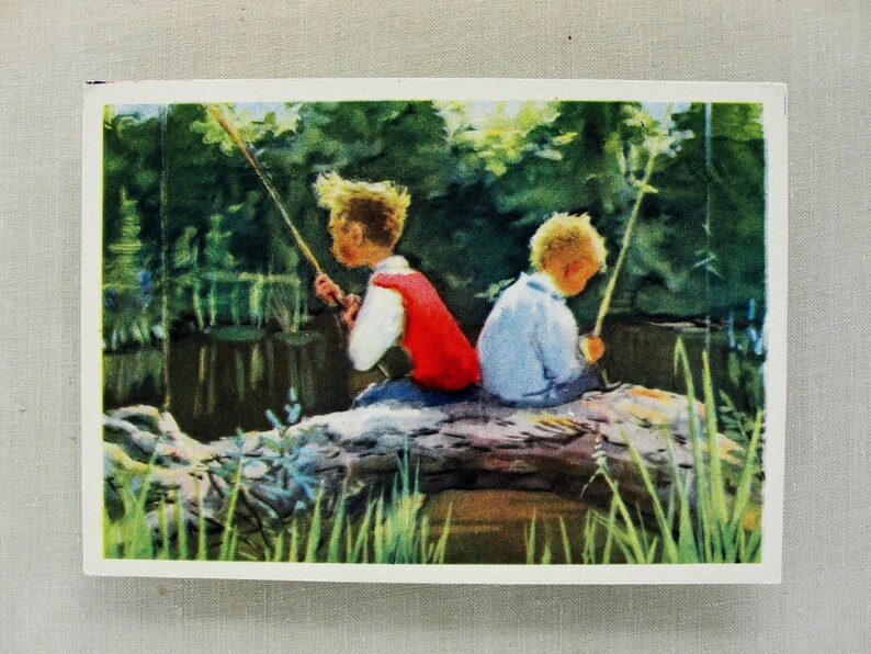 1955 Two Boys Vintage Soviet Postcard Child Art Print Alexandrova Illustrator T Little Anglers Card