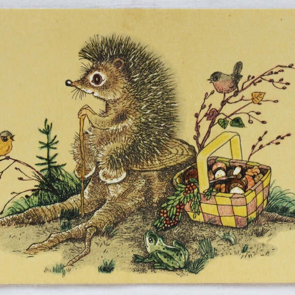 Illustrator Golubev. Vintage Soviet Postcard "Tired!" - 1968. Sovetskiy hudozhnik. Hedgehog, Stump, Mushrooms, Birds, Frog, Basket