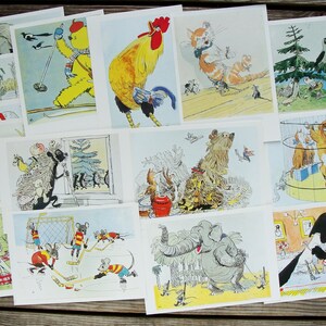 Lustige Tierkarten, Set 16 Vintage Kinderpostkarten, 1989, Illustrator Aminadav Kanevsky, Geschenk für Tierliebhaber, Murzilka Kunstdruck