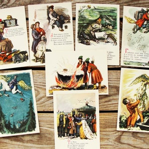 Little Humpbacked Horse, Vintage Postcards Set of 8, 1957, Illustrator Victor Kupriyanov, Pyotr Yershov Fairy tale, Guy, Tsar, Horses