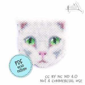 May include: A white cat face bead pattern in PDF format. The cat has green eyes and a pink nose. The pattern is for beading and is not for commercial use. CC BY NC ND 4.0.