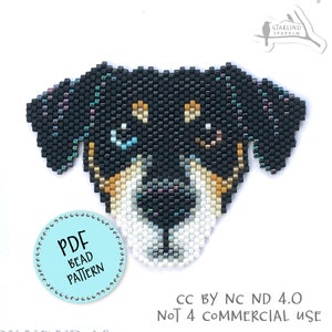 Op de afbeelding: Een PDF-kraalpatroon voor een zwart-witte hond met bruine accenten. Het patroon is voor een kralenhondhoofd met een schattige uitdrukking. Het patroon is beschikbaar om te downloaden en is niet voor commercieel gebruik.
