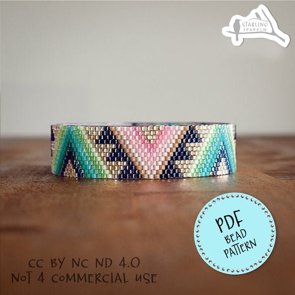 PDF Pattern, Peyote/Brick stitch seedbead bracelet, original Kilim style design, in pink, gold, navy and mint of the Indian Roller.