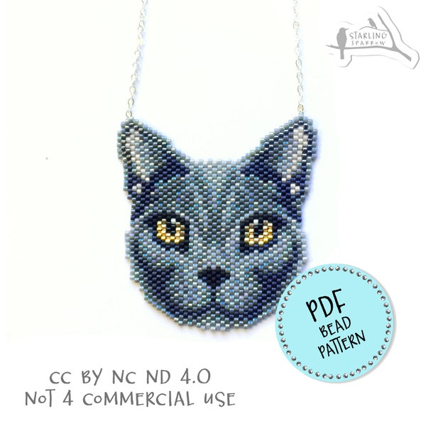 PDF Pattern, British Blue cat, Peyote/Brick stitch seed bead pendant/brooch.