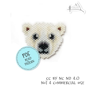 May include: A beaded polar bear head pattern. The bear is white with black and gray details for the eyes and nose. The ears are brown. A light blue circle with the text "PDF BEAD PATTERN" is in the lower left. The text "CC BY NC ND 4.0 NOT 4 COMMERCIAL USE" is below.