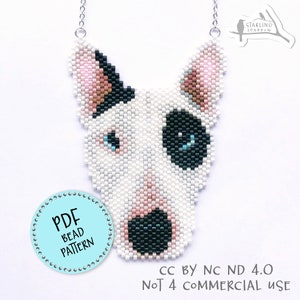 May include: A PDF bead pattern for a white and black beaded bull terrier necklace. The pattern is for personal use only. The image shows the finished necklace, which is a close-up of the bull terrier's face.
