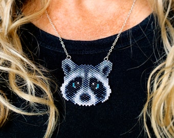 Raccoon necklace original design made with Miyuki seedbeads on a tarnish resistant chain.