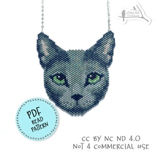 PDF Pattern, Russian Blue cat, Peyote/Brick stitch seed bead pendant/brooch.
