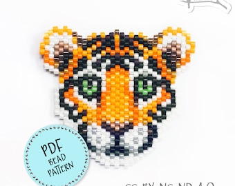 Patron PDF, lionceau tigre en peyotl/brick stitch, boucles d'oreilles, collier ou broche en perles de rocaille Miyuki.