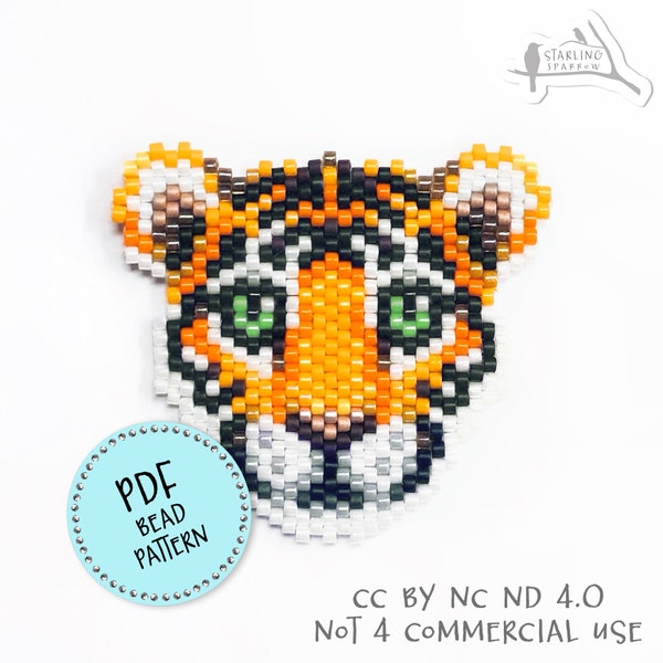PDF Pattern, Tiger cub in Peyote/Brick stitch Miyuki seed bead earrings, necklace or brooch.