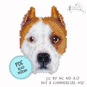 May include: A detailed bead pattern of a dog's face, featuring white, brown, and black beads. The design includes a white base with brown ears and patches. A blue circle contains the text "PDF BEAD PATTERN".