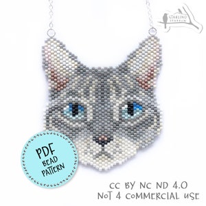 May include: A beaded necklace featuring a grey cat face with blue eyes. The necklace is made with small, colourful beads and is a PDF bead pattern for a DIY project. The text "PDF Bead Pattern" is on a blue circle with white dots. The text "CC BY NC ND 4.0 Not 4 Commercial Use" is below the image.