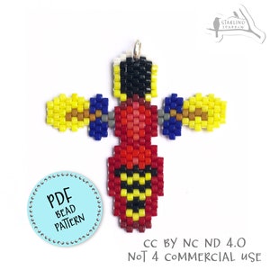 May include: A beaded cross pendant featuring a red, yellow, blue and black colour scheme. The pendant is crafted using small seed beads and has a loop at the top for hanging. The image includes the text "PDF Bead Pattern" and "CC BY NC ND 4.0 Not 4 Commercial Use".
