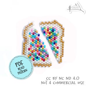 Puede incluir: Un patrón de cuentas en forma de corazón roto, con una colorida variedad de cuentas. El diseño incluye un borde dorado y un círculo azul claro con el texto "PDF BEAD PATTERN". La imagen también incluye el texto "CC BY NC ND 4.0 NOT 4 COMMERCIAL USE".