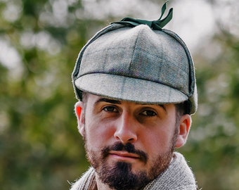 Men's Wool Tweed Deer Stalker Hunter Hat Quilted GOTS Certified Organic Cotton Lining Ribbon Tie Back Front & Rear Peak Lambland UK Made