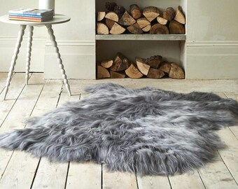 Eco Tanned Grey Icelandic Double Sheepskin Premium Luxury Hand Sewn Long Wool Pile