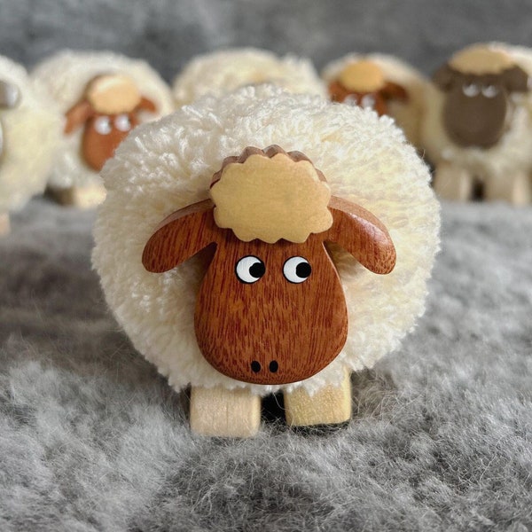 Pom Pom Sheep Figurines Handmade Wooden Accessories Home Decor Gifts