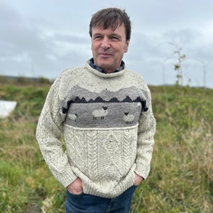 Men&#39;s 100% British Wool Sheep Knitted Jumper Fine Knit Unlined Aran Sweater Natural Fitted Pullover UK Made Country Wear