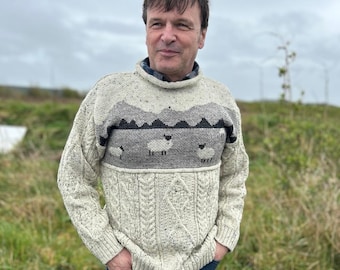 Men's 100% British Wool Sheep Knitted Jumper Fine Knit Unlined Aran Sweater Natural Fitted Pullover UK Made Country Wear