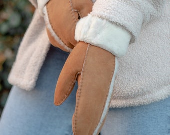 Womens Luxury Genuine Sheepskin Hand Stitched Sheepskin Mittens with Roll Up Roll Down Cuffs Wool Out Detail Shearling Lining Tan Lambland
