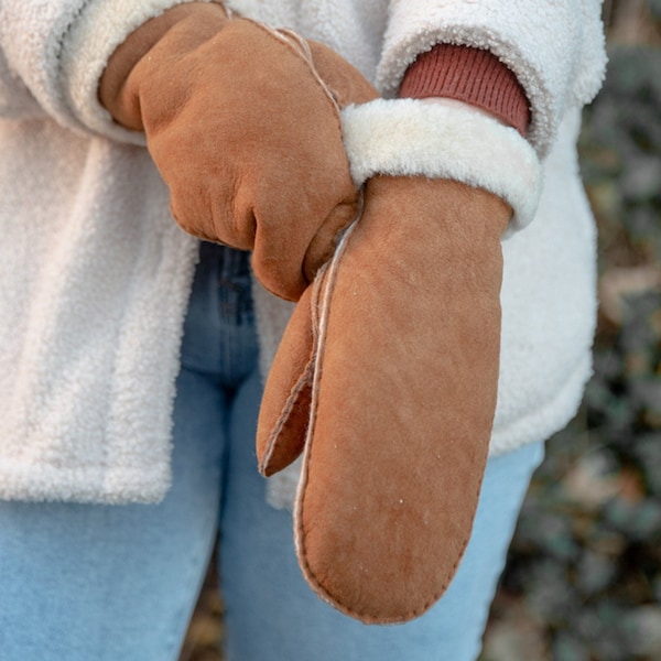 Womens Luxury Genuine Sheepskin Hand Stitched Sheepskin Mittens with Roll Up Roll Down Cuffs Wool Out Detail Shearling Lining Tan Lambland