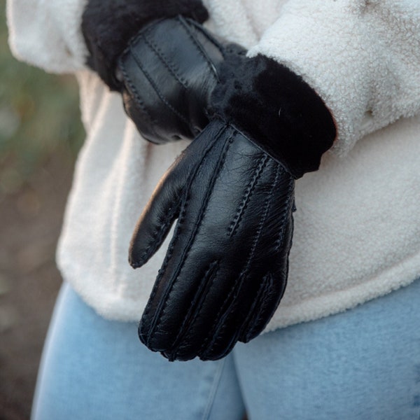 Gants de luxe pour femmes en peau de mouton véritable cousus à la main avec empiècement en peau de mouton à retrousser