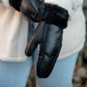 Womens Luxury Sheepskin Mittens Hand Stitched Suede Outer Shearling Lining Fluffy Cuff Roll UP Down Lambland Black Brown Ladies Gloves