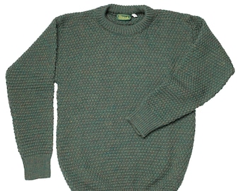 Men's Spare Yarn 100% Wool  Knitted Jumper Fine Knit Unlined Aran Sweater Green Fair Trade Fitted Pullover UK Made Country Wear