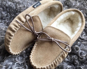 Womens Sheepskin Moccasin Slippers Soft Suede Leather Sole with Sheep Wool Lining Lace Tie Ladies Lambland UK Made Handcrafted Moccasins