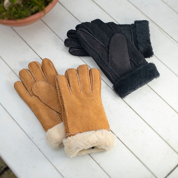 Womens Luxury Genuine Sheepskin Hand Stitched Turn Back Fluffy Gloves Suede Outer Shearling Inner Lambland Tan Black Supreme Quality