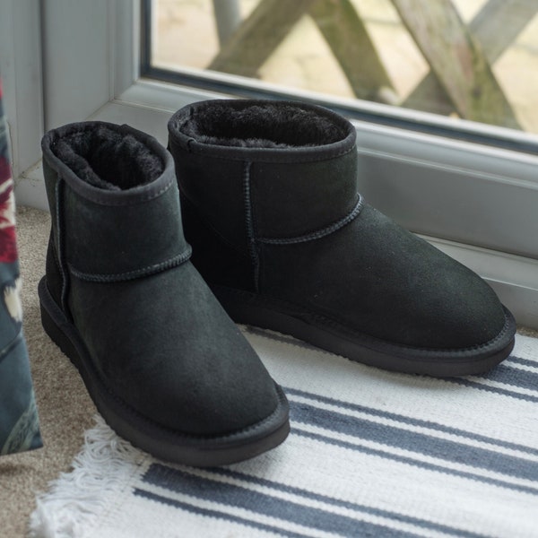 Women's Sheepskin Short Mini Boots Black Lightweight Non Slip Sole Reinforced Heels Hand Crafted