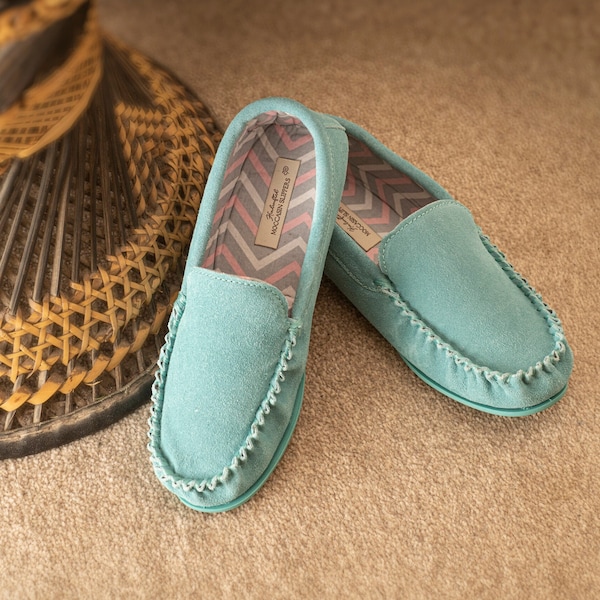 Womens Sheepskin Suede Slip On Loafer Slippers Blue Rubber PVC Sole Cotton Lining Ladies Lambland Handcrafted Moccasins