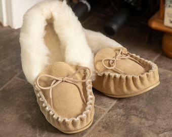 Womens Sheepskin Moccasin Slippers Rubber PVC Sole Sheep Wool