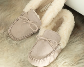 Womens Sheepskin Moccasin Slippers Stone Beige Soft Suede Sole Lambs Wool Lining Lace Tie Ladies Lambland Handcrafted Moccasins
