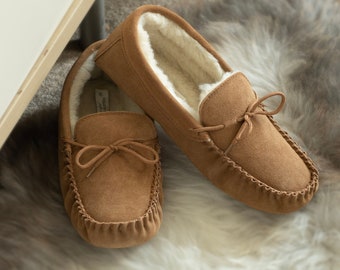 Mens Sheepskin Moccasin Slippers Soft Suede Sole with Lambs Wool Lining Lace Tie Men Lambland Handcrafted Moccasins Light Brown