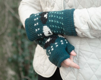 100% Wool Wrist Warmers Sheep Design Hand Knitted Fair Trade Handmade Fleece Lining Fingerless Mittens Extremely Warm Ladies Womens Teal