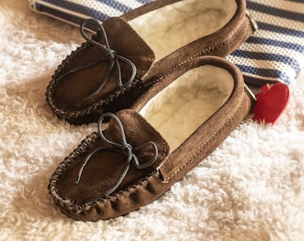 Mens Sheepskin Moccasin Slippers Rubber PVC Sole with Lambs Wool Lining Lace Tie Men Lambland UK Made Handcrafted Moccasins Blue Brown