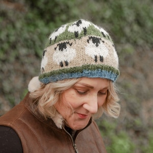 Ladies Luxury Woolen Hand Knitted Fleece Line Beanie Sheep Pattern Wool Hat Lambland Womens Handmade in Nepal Fair Trade Wool