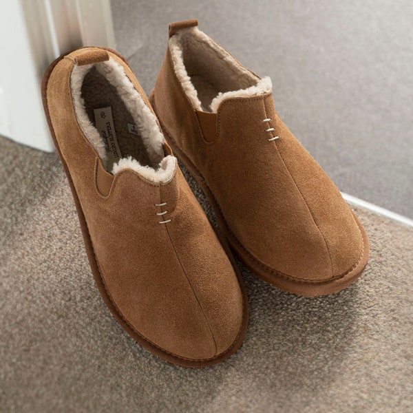 Hommes Luxe Peau de Mouton Botte Pantoufles Semelle en caoutchouc dur avec véritable Shearling Ling Élastiqué Hommes Lambland Bottines artisanales Marron Naturel