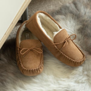 Mens Sheepskin Moccasin Slippers Soft Suede Sole with Lambs Wool Lining Lace Tie Men Lambland Handcrafted Moccasins Light Brown image 1
