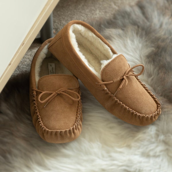 Mens Sheepskin Moccasin Slippers Soft Suede Sole with Lambs Wool Lining Lace Tie Men Lambland Handcrafted Moccasins Light Brown