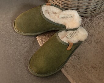 Mens Luxury Sheepskin MuleSlippers Hard Rubber Sole with Genuine Shearling Ling Men Lambland Handcrafted Olive Green Slides