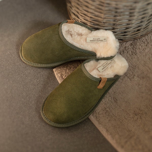 Mens Luxury Sheepskin MuleSlippers Hard Rubber Sole with Genuine Shearling Ling Men Lambland Handcrafted Olive Green Slides
