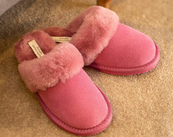 Womens Sheepskin Slip On Mule Slippers Bright Pink Rubber PVC Sole Shearling Lining Slip On Ladies Lambland Handcrafted Slides