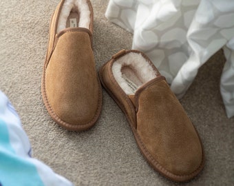 Chaussons de luxe en peau de mouton pour homme, semelle en caoutchouc dur avec peau de mouton véritable, chaussons élastiques fabriqués à la main, marron naturel