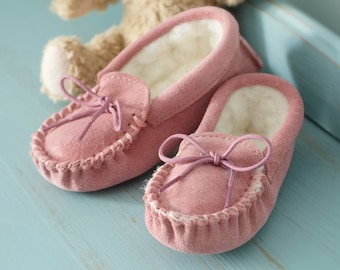 Childrens Sheepskin Moccasin Slippers Soft Suede Leather Sole with Sheep Wool Lining Lace Tie Kids Lambland UK Made Handcrafted Moccasins