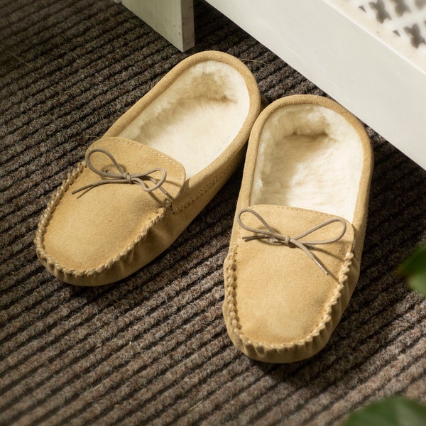 Men's Sheeps Wool Moccasin Slippers Soft Suede Leather Sole Lambs Wool Lining Lace Tie Men Lambland UK Made Handcrafted Moccasins Natural